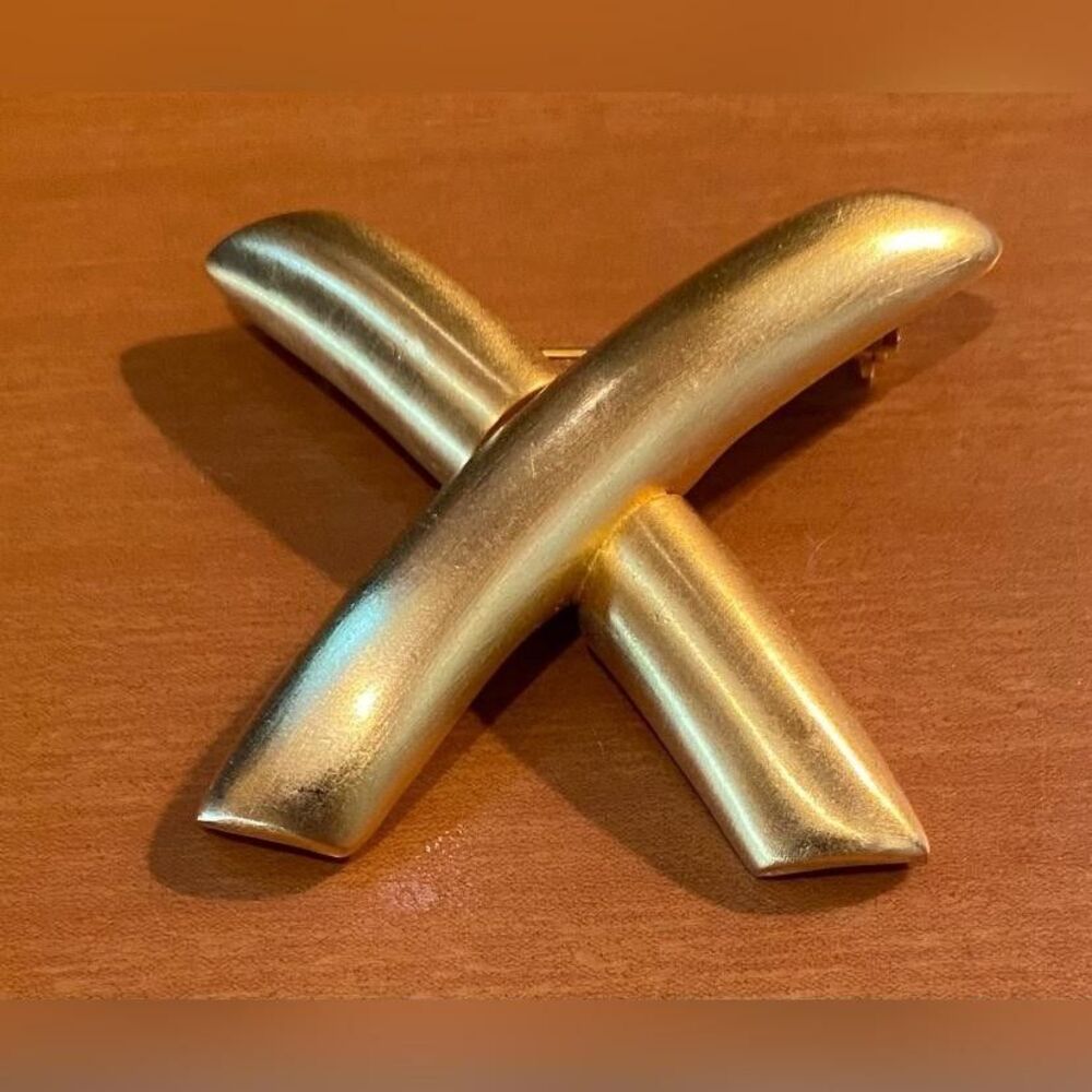 Gold Tone Abstract X Bar Brooch Pin Modernist Cross Bold 2" Jewelry
